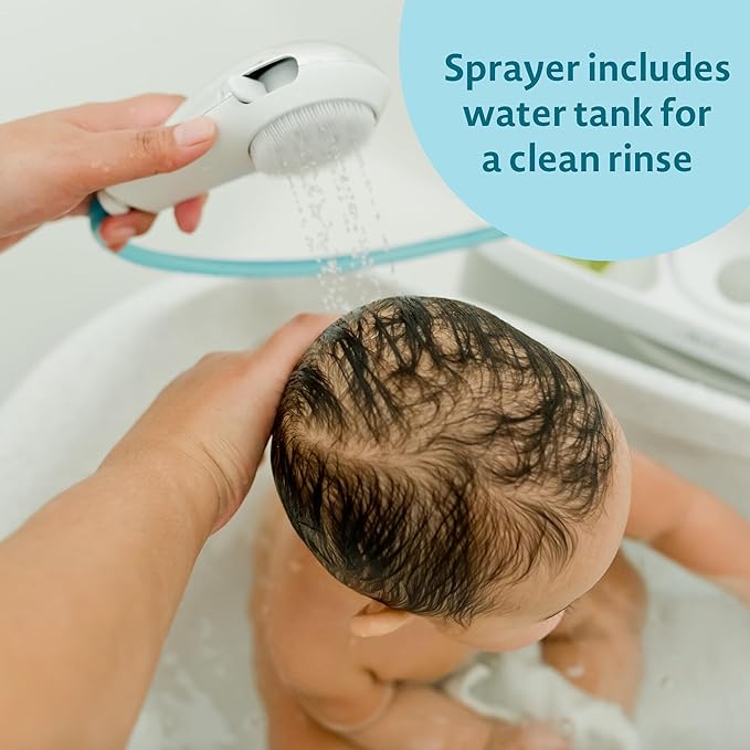The First Years Rain Shower Baby Bathtub Set - Includes Infant Sling, Soothing Spray Shower Head, Fresh Water Tank and Built in Soft Brush - 3 in 1 Grow with Me Design - Baby Bath Essentials