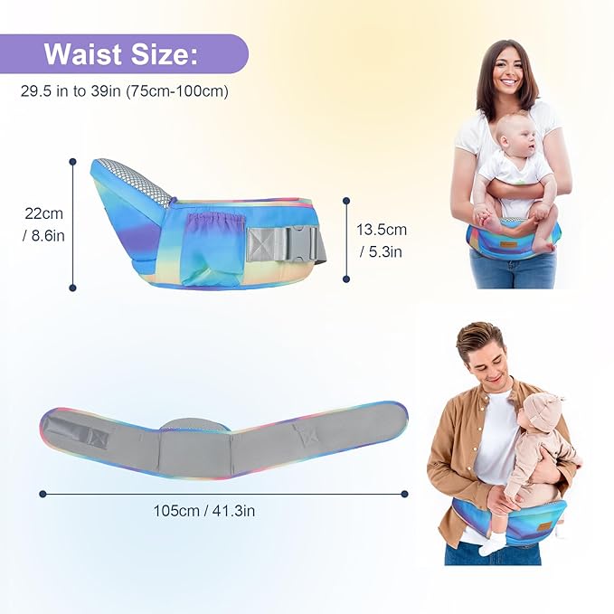 Baby Carrier with Hip Seat, Enhanced Safety, Hands-Free Support for Newborn to Toddler (0-66 lbs), Multiple Pockets, Ergonomic, Adjustable Waistband – Rainbow