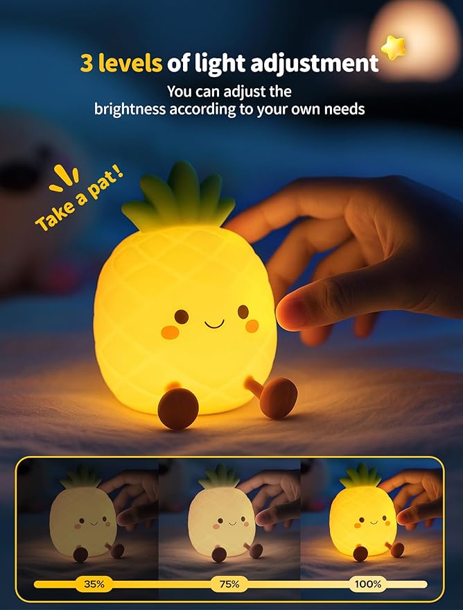 Pineapple Night Light for Kids, Nursery Night Light, Bedside Touch Lamp, Cute Silicone Nightlight for Baby Toddler, 3 Level Dimmable Soft Night Lamp Gift for Bedroom Kids Room Decor