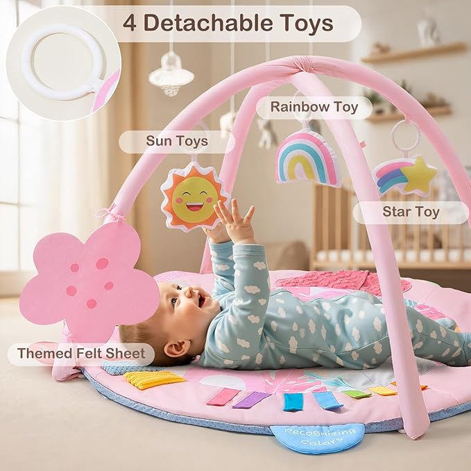 Baby Play Gym Mat Tummy Time Mat, Washable Baby Activity Play Mat for Sensory, Visual, Hearing, Touch Development, Baby Toys Shower Gift for Newborn