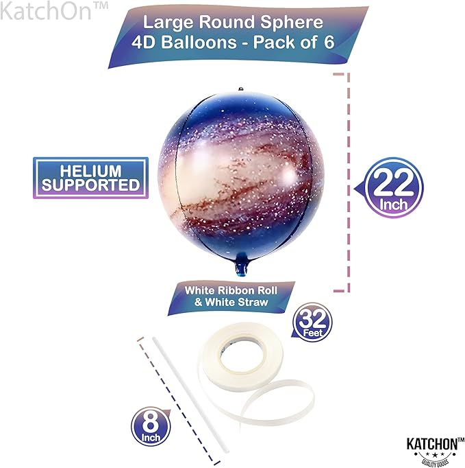 KatchOn, Big Galaxy Balloons - 22 Inch, Pack of 6, Earth Party Supplies | 360 Degree 4D Round Sphere Balloons for Space Themed Party Decorations | Planet Balloon for Outer Space Decorations