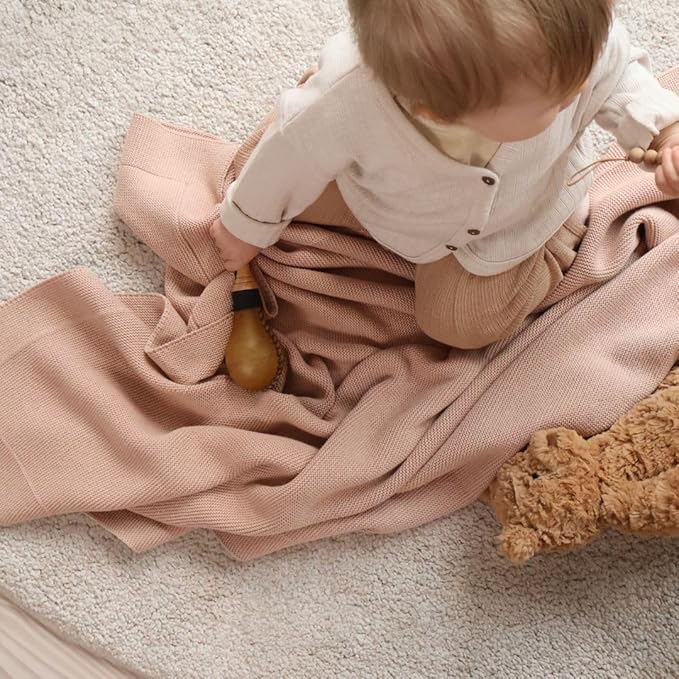 Knitted Organic Cotton Baby Blanket- Swaddle Blanket, 30" x 40" Soft Receiving Blanket for Newborn (Blush Ultra-Soft)