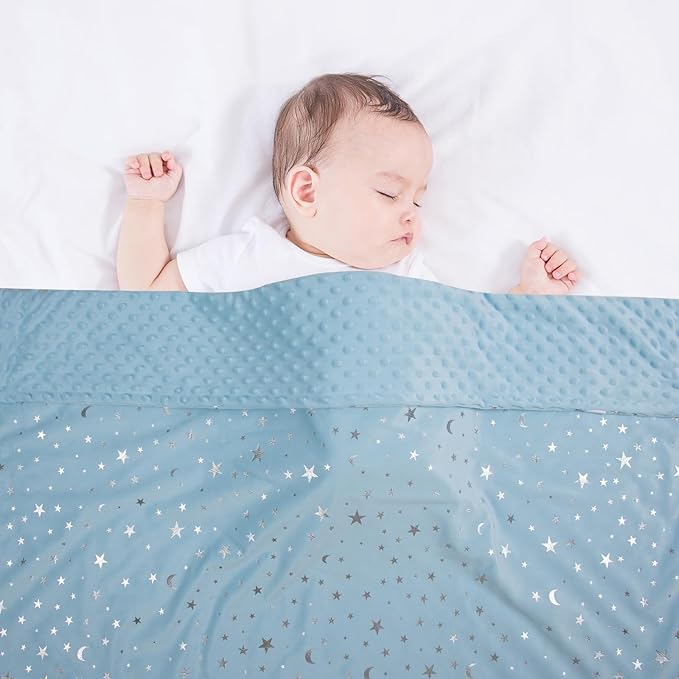 Baby Blanket for Boys Girls Soft Minky with Double Layer Dotted Backing, Star and Moon Printed 30 x 40 Inch Receiving Blanket (Blue)