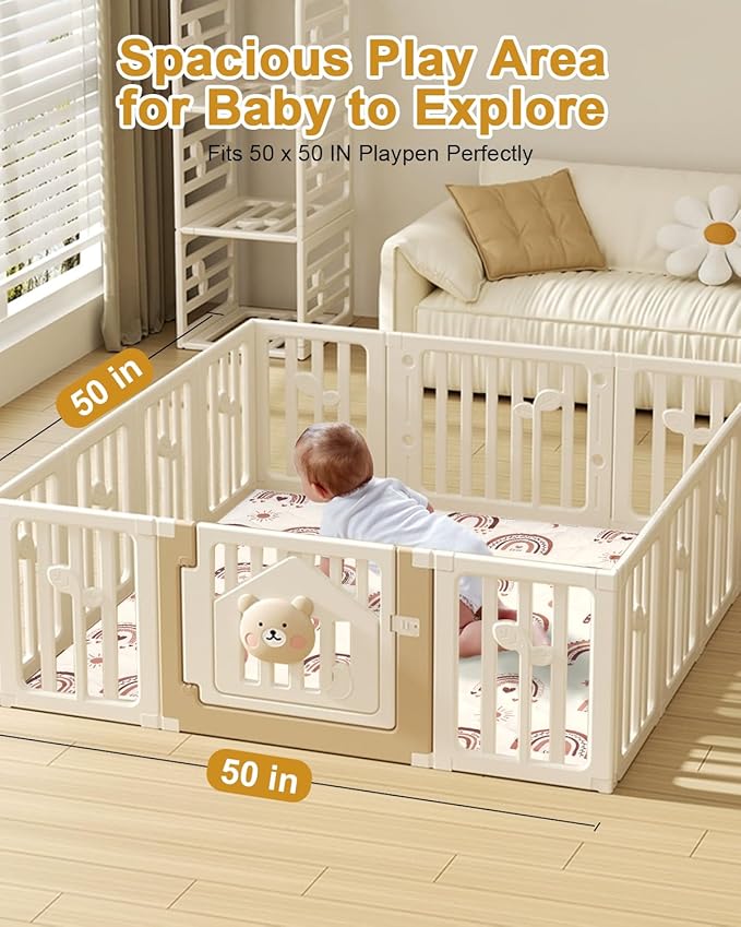 Premium Foam Baby Play Mat 50" x 50" with Removable Cover, Extra Thick Padding Playpen Mat, Non-Slip Floor Mat, Stylish & Easy to Clean for Crawling Baby, Infants & Toddlers, Rainbow