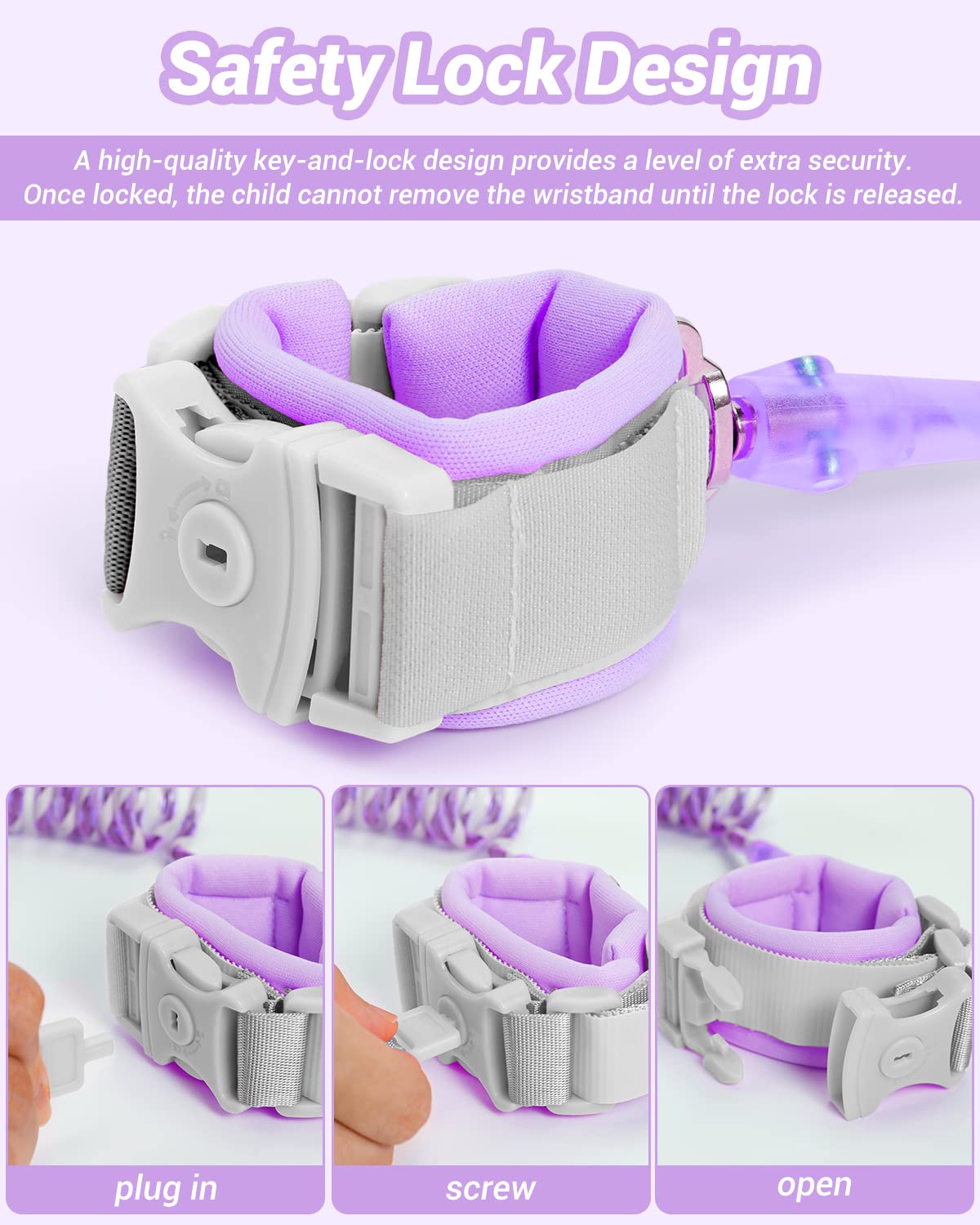 Dr.meter Kids Leash for Toddler, Reflective Anti Lost Wrist Link with Key & Lock, 8.2ft Safety Wristband Child Walking Harness for Supermarket Mall Airport Amusement Park Zoo Travel, Purple