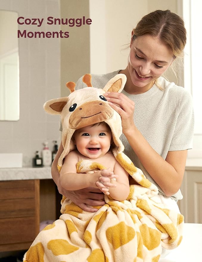 Momcozy Baby Bath Towels with Visualize Health Label - Ultra Soft & Absorbent Coral Fleece Hooded Towels for Newborn, Infant, Toddler (0-36 Months) Bath Essentials (Large Size,2 Pack)