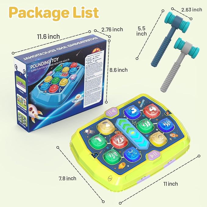 WAYKEE Whack Mole Game for Toddlers, Toys for 3-10 Year Old Boys Girls, Interactive Toddler Boy Girl Toys with 3 Modes & 2 Hammers, Sound & Light, Birthday for 3 4 5 6+ Year Old Boys Girls