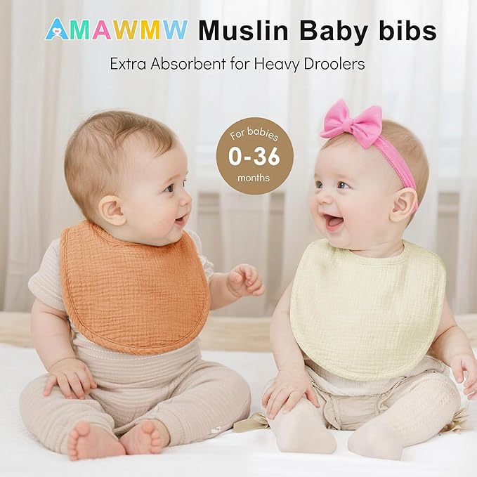 AMAWMW Muslin Baby Bibs for Unisex Boys Girls 6Pack Baby Bandana Drool Bibs Adjustable Newborn Bib for Drooling & Teething