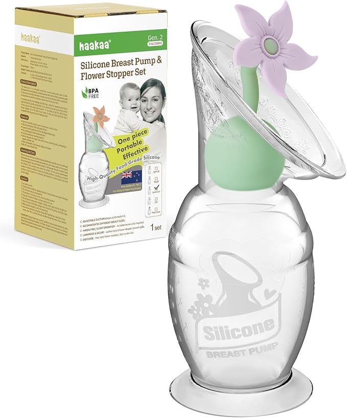 haakaa Manual Breast Pump with Flower Stopper Set, Gen.2 Silicone Hand Pump with Suction Base, BPA Free (5oz/150ml, Lavender)