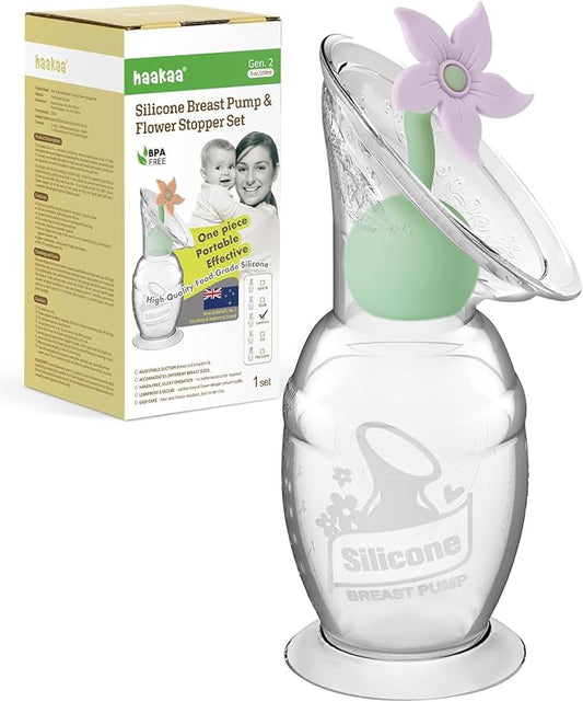 haakaa Manual Breast Pump with Flower Stopper Set, Gen.2 Silicone Hand Pump with Suction Base, BPA Free (5oz/150ml, Lavender)