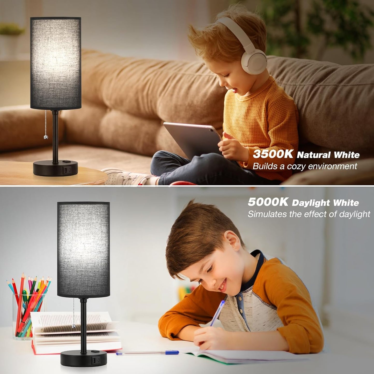 Dicoool 17Inch Tall Bedroom Lamps with USB C and A Ports 3 Color Temperatures - Pull Chain Black Nightstand Bedside Table Lamp with AC Outlet, Side Lamp for Living Room End Table