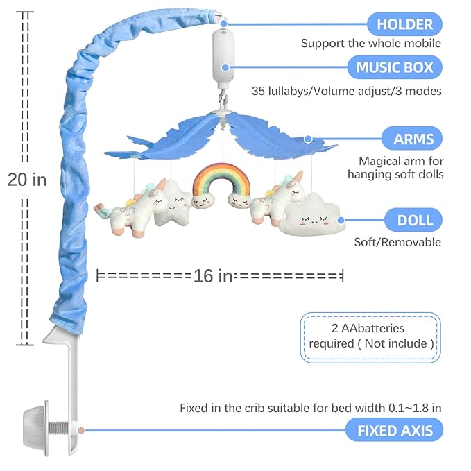 Crib Mobile for Baby, Blue and White Airplane & Weather Theme, Mobile for Crib with 35 Lullabies & 3 Modes Rotating Music Box, Nursery Decoration for Infant Boys and Girls