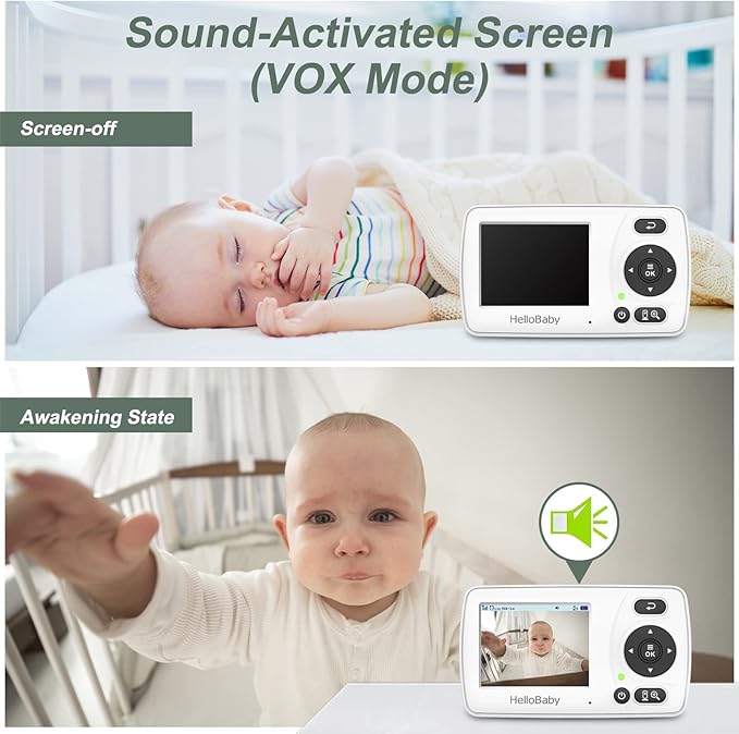 Hellobaby HB30 Video Baby Monitor with Digital Camera and Audio, No WiFi No App Safety Baby Monitor, 8 Languages, Auto Night Vision, 1000ft Transmission Range, 2.4 inch Portable Screen, White