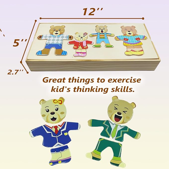 Wooden Bear Family Dress-up Puzzle Box for Toddlers(72pcs),Change Clothes Puzzle Games, Preschool Learning Activities Toys for Kids Ages 3+
