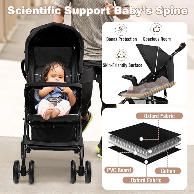 Baby Joy Lightweight Stroller, Compact Toddler Travel Stroller for Airplane, Infant Stroller w/Adjustable Backrest/Footrest/Canopy, 5-Point Harness, Storage Basket, Easy One-Hand Fold, Coffee