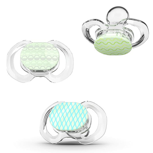 Smilo Baby Pacifier with Orthodontic Design for Healthy Dental Development - Stage 1 for Babies 0-3 Months - Pack of 3X 100% Silicone Newborn Pacifiers BPA Free - Glow-in-The-Dark