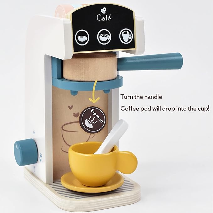 PairPear Wooden “Drop-Pod” Coffee Maker Toy， 13 Pieces Espresso Machine Playset, Barista & Cappuccino Pretend Play Kitchen Accessories Gift for Girls and Boys Age 3+