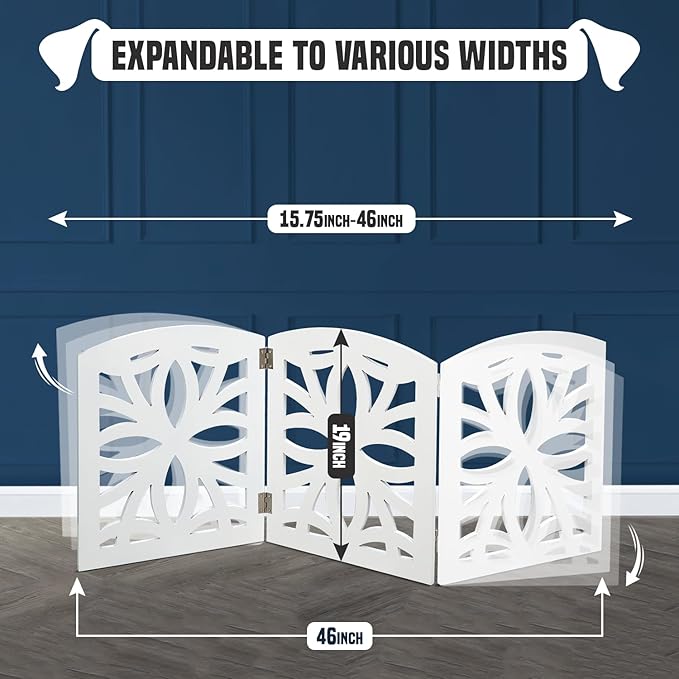 Bundaloo Freestanding Dog Gate Expandable Decorative Wooden Fence for Small to Medium Pet Dogs, Barrier for Stairs, Doorways, & Hallways