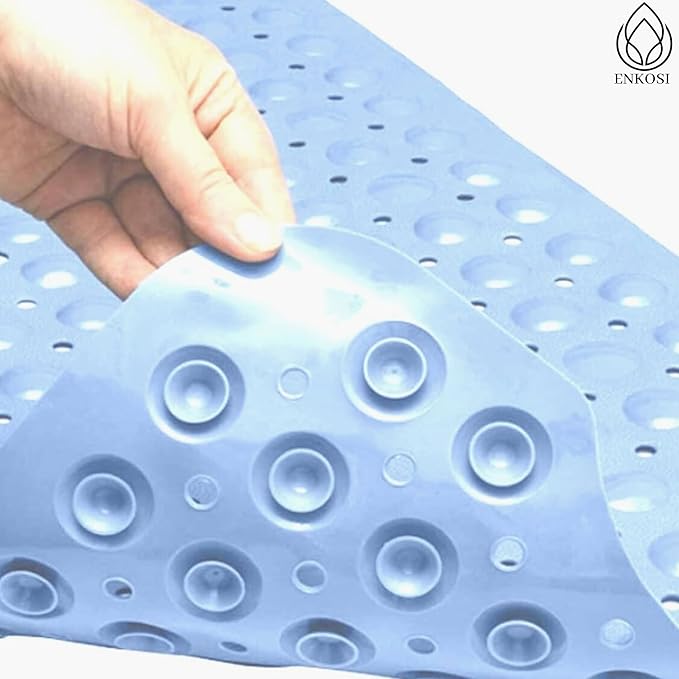 ENKOSI Non-Slip Bath Mat - Extra Long 40 x 16 Inch Large Anti-Slip Tub & Shower Mat with Suction Cups and Drain Holes for Bathroom Bathtub Safety and Decor (40x16 Aqua Blue)