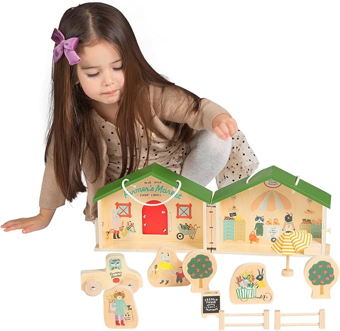 Manhattan Toy Farmer’s Market Day 12-Piece Portable Wooden Toy Figure Pretend Shopping Playset