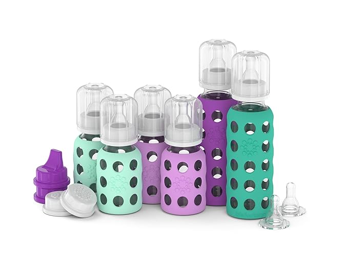 Lifefactory Baby Bottle Starter Set 12-Piece | 4 oz Mint & Lavender, 9 oz Kale & Grape | Includes Flat Caps, Sippy Caps, Stage 3 Nipples