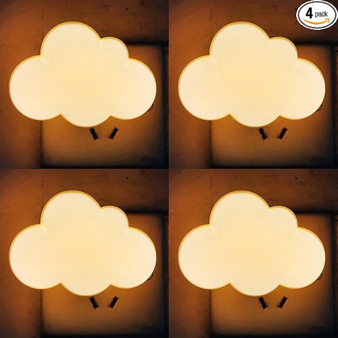 AUSAYE 4Pack LED Sensor Night Lights Plug Into Wall Lamp Cloud Night Light Cute Night Light for Adults Kids Bedroom,Bathroom,Toilet, Stairs, Kitchen,Hallway Corridor Yellow Base