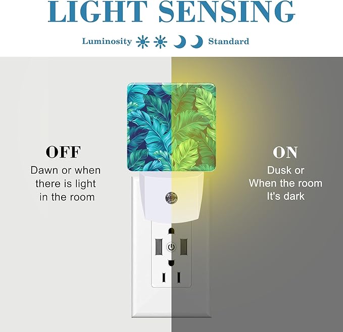 Night Light Plug into Wall Turquoise and Green Tropical Leaves Night Light with Dusk to Dawn Sensor Night Light for Kid Girls Boys Women Room Decor,Hallway,Kitchen,Bathroom,Nursery,Stairs