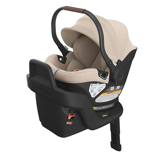 UPPAbaby Aria Lightweight Infant Car Seat/Just Under 6 lbs for Easy Portability/Base with Load Leg + Infant Insert Included/Direct Stroller Attachment/Declan (Oat Mélange/Chestnut Leather)