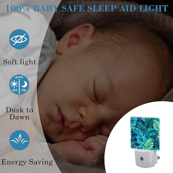 Night Light Plug into Wall Turquoise and Green Tropical Leaves Night Light with Dusk to Dawn Sensor Night Light for Kid Girls Boys Women Room Decor,Hallway,Kitchen,Bathroom,Nursery,Stairs