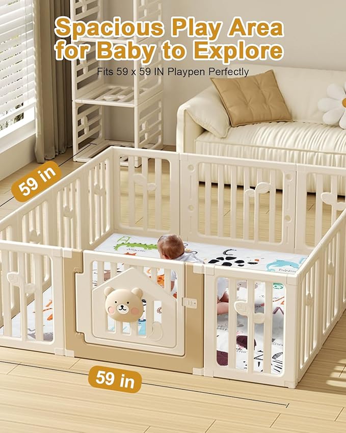 Premium Foam Baby Play Mat 59" x 59" – Removable & Machine Washable Cover, Extra Thick Padding Playpen Mat, Non-Slip Crawling Mat, Easy to Clean for Infants, Toddlers & Babies