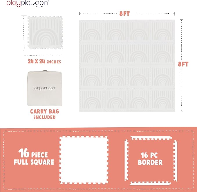 Play Platoon Non-Toxic Large Kids Play Mat, 16 Foam Mat Tiles 96 x 96 inch - Extra-Thick Interlocking Comfortable 24 x 24 in. Puzzle Baby Play Mats for Floor, Neutral Baby Play Mat Rug for Toddlers