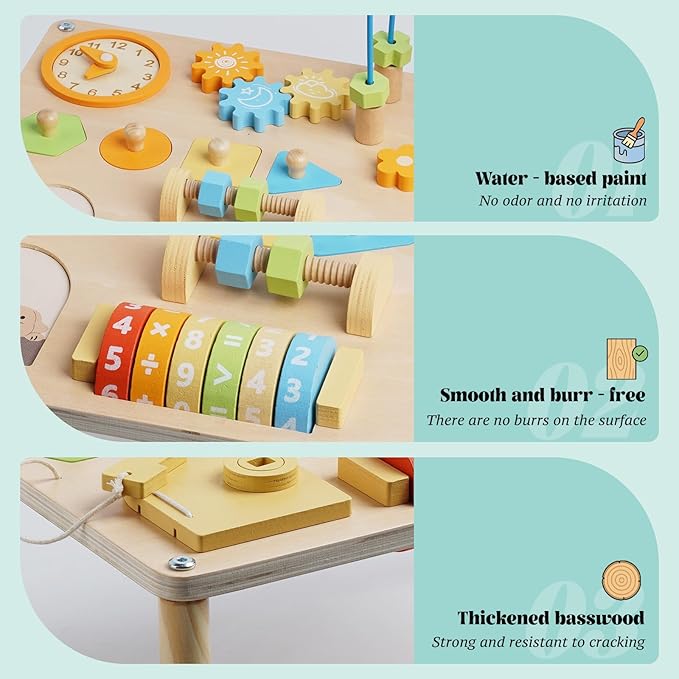 Activity Table for 1+ Year Old, 8-in-1 Wooden Montessori Activity Center Table with Shape Sorter Math Game Bead Maze, Baby Sensory Toy Learning Toys for Toddler First Birthday Gift