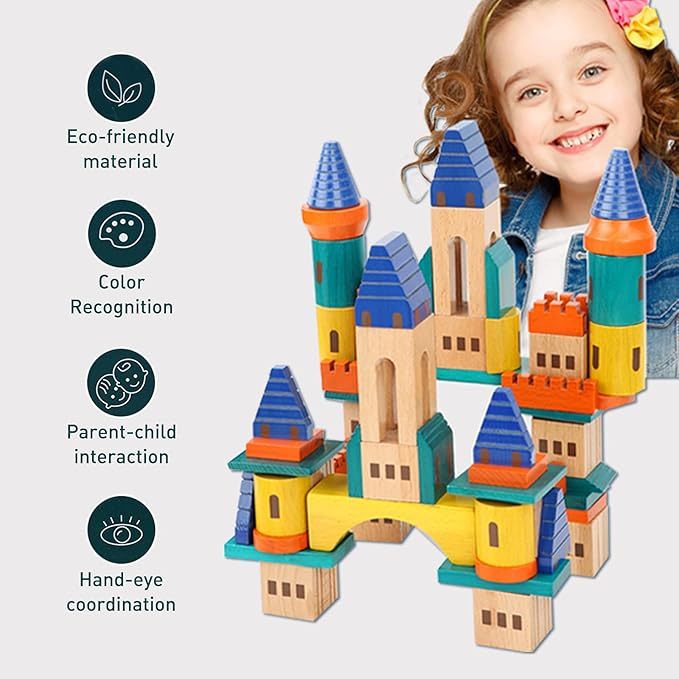 Wooden Castle Building Blocks Set, Big Solid Beech Wood Toddlers Stacking Block Toy, Kids Construction Playset for Boys Girls 69 Pieces Set