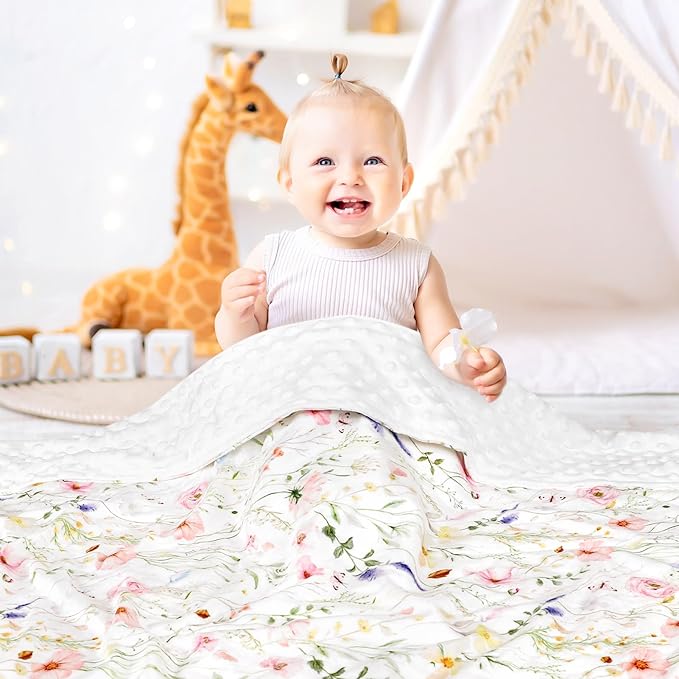 Super Soft Minky Toddler Blanket 30x40 Inches, Double Layer, Dotted Backing, Floral Baby Crib Blanket for Nursery, Car Seat, Pet, Colorful Flowers