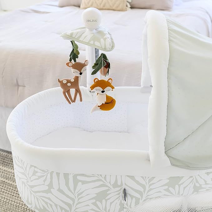 Baby Sweetli Calm Infant Bassinet Bedside Crib Sleeper with Cry Recognition, Electric Mobile with Deluxe Toys, Music, Nightlights, Vibration (Sage Fern Leaves)