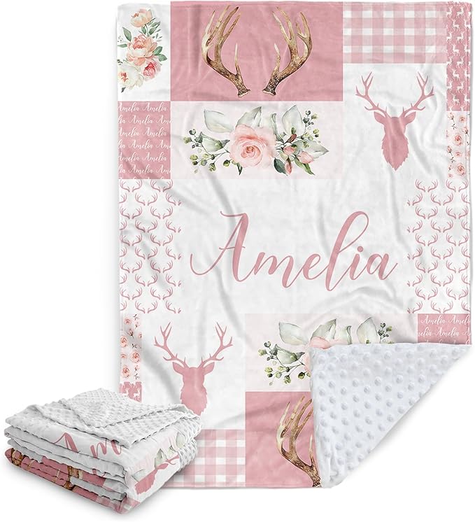 Baby Girl Blanket with Name – Personalized Pink Baby Blanket for Infant Toddler Girls, Floral Woodland Deer Flannel Receiving Swaddle, Custom Newborn Gifts for Birthday New Parents(30"x40")