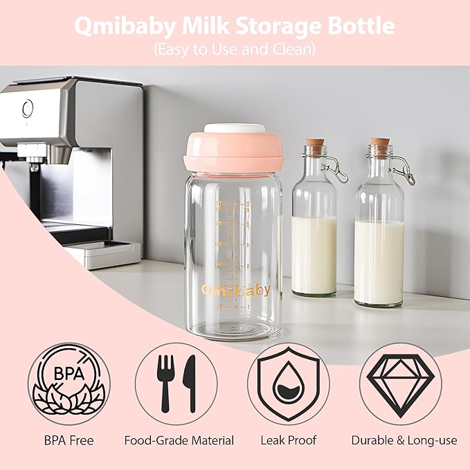 Natural Glass Baby Bottle 150ml 5oz Standard Neck Breast Milk Storage Bottles Compatible with Medela Breast Pumps for Breastmilk Storage Bottle Breastfeeding BPA-Free 4 Pack (Pink Lids)