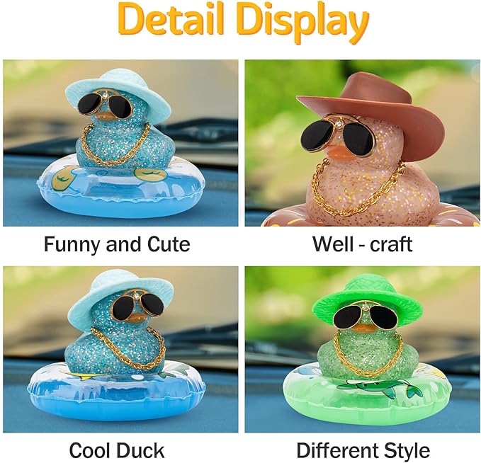 wonuu 2Pcs Car Dashboard Decorations Color Ducks, Rubber Duck for Car Ornament Accessories with Mini Hat Sunglasses Necklace and Swim Ring, B_Blue Duck+Blue Sun Hat&Blue Sun Hat