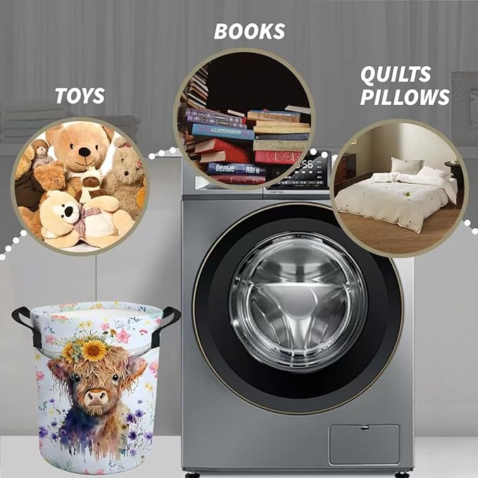 Highland Cow Laundry Basket Gifts for Girls, Girls' Room Decor Baby Nursery Hamper Highland Cow Room Decor 17.7x13.7 Inch
