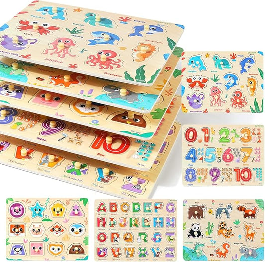 GRINNNIE Wooden Puzzles for Toddlers 3 4 5 Years Old, Montessori Toddler Toys 5PCS Peg Puzzles with Knob - Number, Alphabet, Shape, and Animal, Great Christmas Birthday Gifts for Boys Girls
