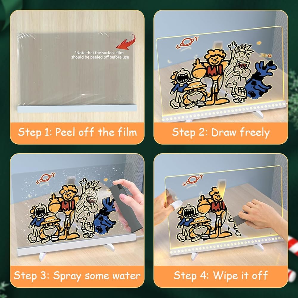 LED Note Board with Colorful, Lighted Acrylic Dry Erase Board, Adjustable Stand and 7 Pens (7.9' X 7.9')