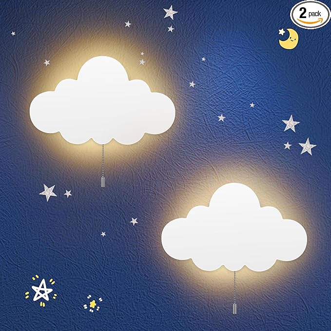 2 Pack Cloud Light - Battery-Powered Wall Lamp for Nursery, Kids Bedroom & Baby Room, 3000K Warm Night Light with Pull-String Switch, Cordless 3.7V, Lightweight 13x8in (No Charging Needed)