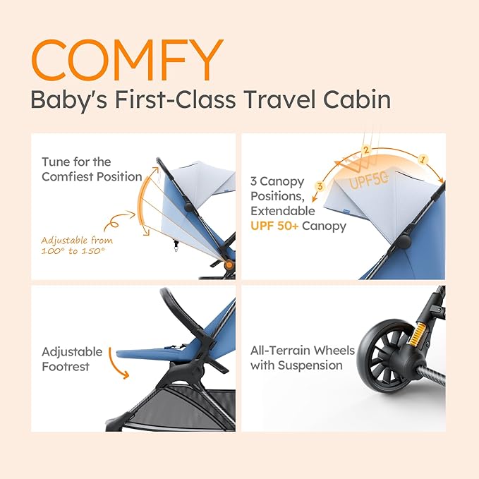 MAMAZING Ultra Air X Travel Stroller - Ultra-Lightweight Under 10 lbs, Carbon Fiber Frame & Airplane Friendly, Lightweight Stroller with Reclining Seat, UPF 50+ Canopy & Travel Bag