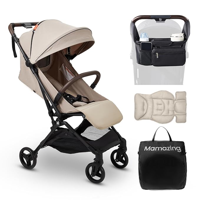 MAMAZING Lightweight Baby Travel Stroller with Carbon Fiber Frame, Compact & Airplane-Friendly, One-Handed Folding Design, 11.6 lbs, Perfect for Toddlers, Organizer & Cushion Included, Simply Taupe