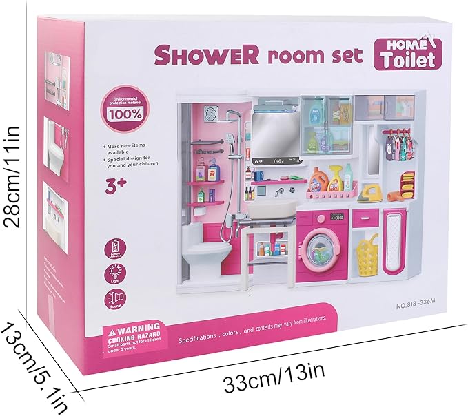 Doll Mini Bathroom Laundry Playset for Kids, House Furniture Pretend Play Toy Accessories Set with Realistic Lights & Sounds for Toddlers, Girls (4-in-1 Bathroom Set)