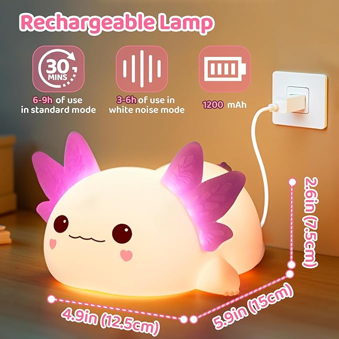 Huggwaii Squishy Axolotl Night Light for Kids, 4 Soothing White Noise Sounds, Dimmable Silicone Axolotl Lamp Toddler Light, Upgraded Rechargeable Animal Nightlight ,Baby Gifts & Girls Room Decor