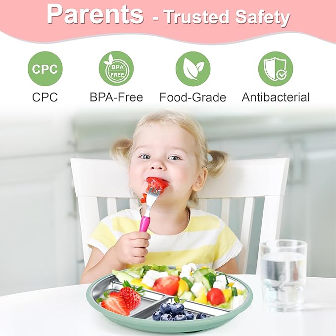 Bella's Friends Stainless Steel Toddler Plates Silicone Suction,3 Packs Non-Slip Baby Plates,Divided Portion,Food-Grade Silicone Plate for Kids,LEAD-FREE Dishwasher Safe, Green Blue Gray