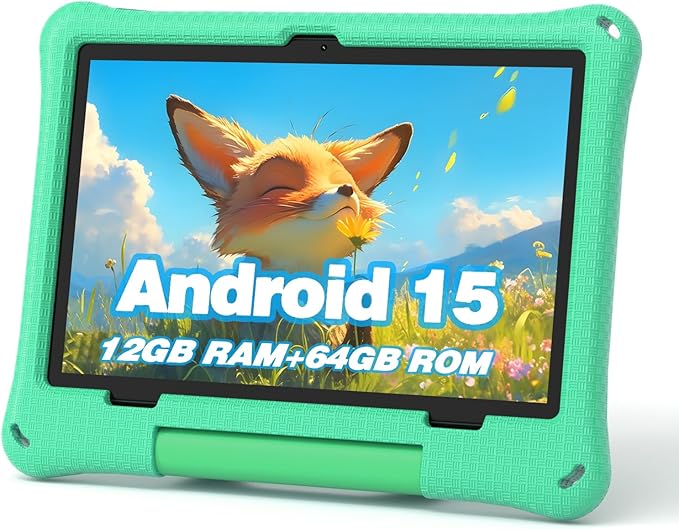 Kids Tablet, 10.1 Inch Android 15 Tablet for Kids, 12GB+64GB, Octa-Core, 6000mAh Battery, WiFi 6, Pre-Installed Kids Apps, Parental Control, ABCmouse for 30-Days Free, with EVA Protective Case (Green)