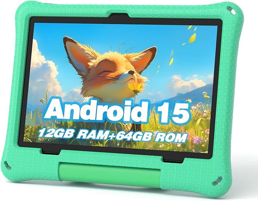 Kids Tablet, 10.1 Inch Android 15 Tablet for Kids, 12GB+64GB, Octa-Core, 6000mAh Battery, WiFi 6, Pre-Installed Kids Apps, Parental Control, ABCmouse for 30-Days Free, with EVA Protective Case (Green)