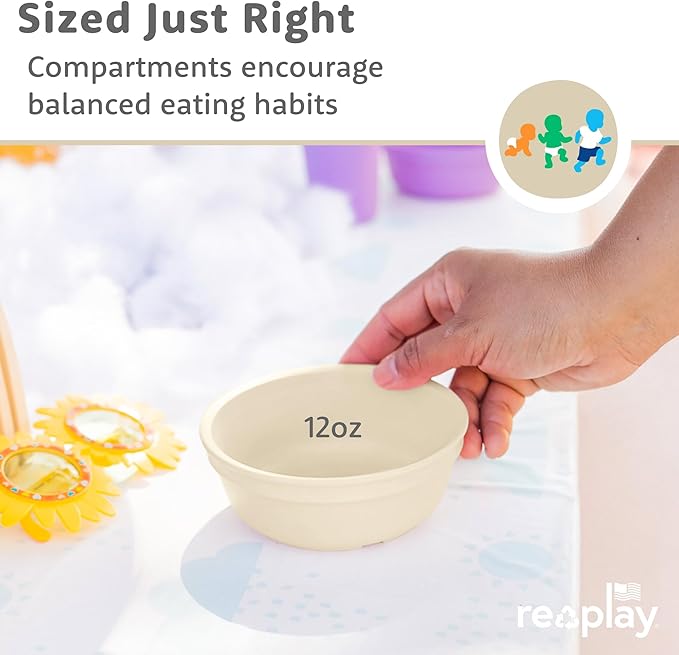 Re-Play 12 oz. Toddler Bowls Set of 3 - Kids Deep-Walled, Durable & Reusable Snack and Meal Bowls, Dishwasher & Microwave Safe, BPA-Free, Made in USA from Recycled Plastic, Beach Baby